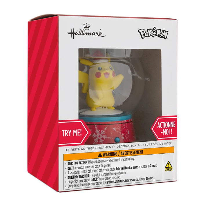 Hallmark Pokémon Pikachu musical snow globe Christmas ornament with swirling snow, holiday music, hanger attachment, and interactive motion.