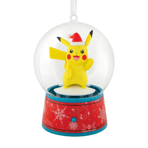 Hallmark Pokémon Pikachu musical snow globe Christmas ornament with swirling snow, holiday music, hanger attachment, and interactive motion.