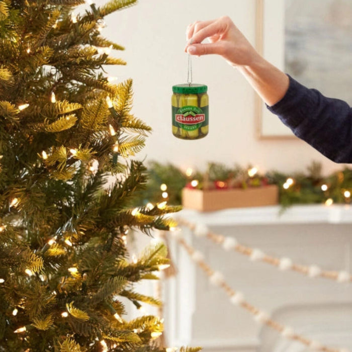 This Hallmark Kraft Claussen™ Pickles Jar Shatterproof Hallmark Ornament adds a fun and nostalgic twist to your holiday décor.