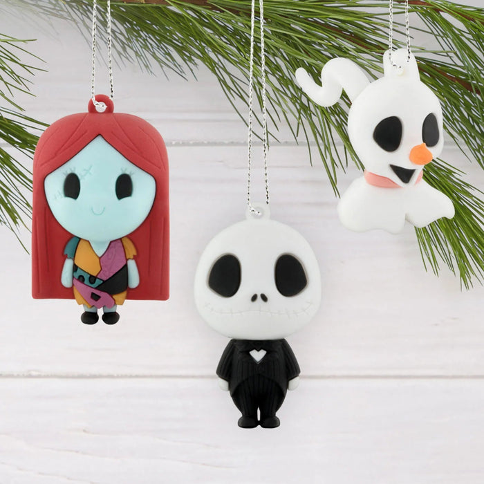 Hallmark Disney Tim Burton’s The Nightmare Before Christmas countdown calendar with 12 miniature shatterproof character ornaments, each 1.75 inches high with hanger attachments.