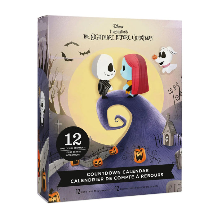 Hallmark Disney Tim Burton’s The Nightmare Before Christmas countdown calendar with 12 miniature shatterproof character ornaments, each 1.75 inches high with hanger attachments.