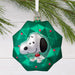Hallmark Peanuts Snoopy in green wreath blown glass Christmas ornament