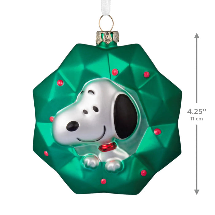 Hallmark Peanuts Snoopy in green wreath blown glass Christmas ornament