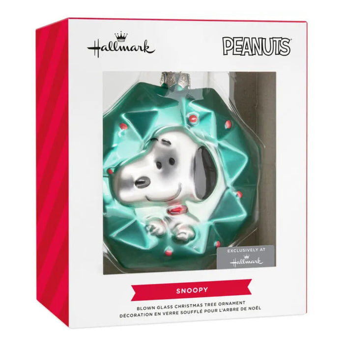 Hallmark Peanuts Snoopy in green wreath blown glass Christmas ornament
