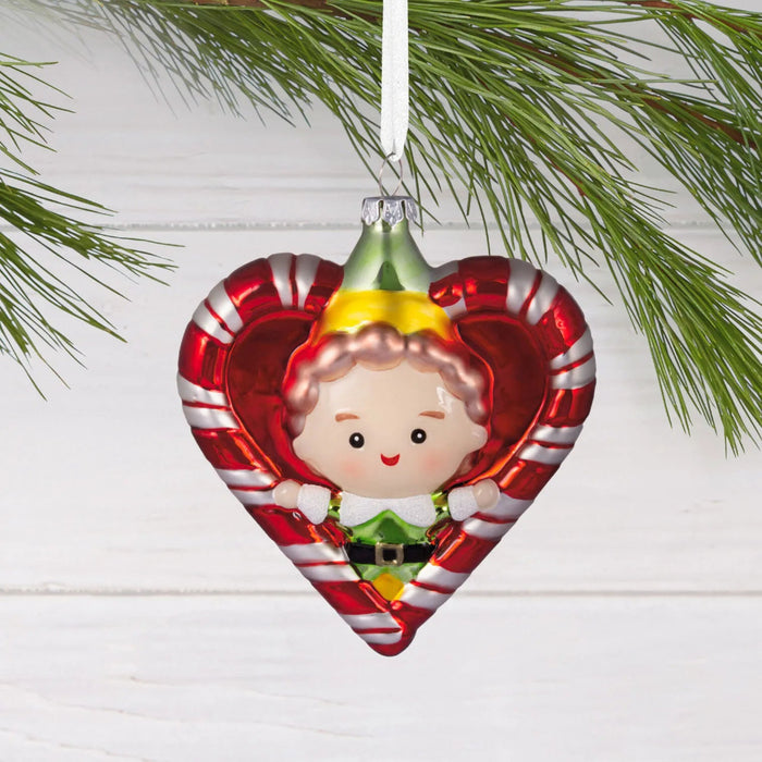 Hallmark Elf Buddy the Elf candy cane wreath blown glass Christmas ornament