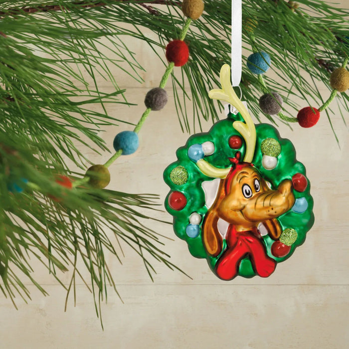 Hallmark Dr. Seuss How the Grinch Stole Christmas Max in wreath blown glass Christmas ornament