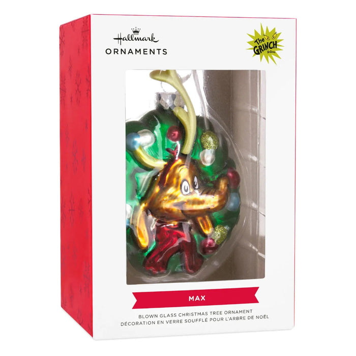 Hallmark Dr. Seuss How the Grinch Stole Christmas Max in wreath blown glass Christmas ornament