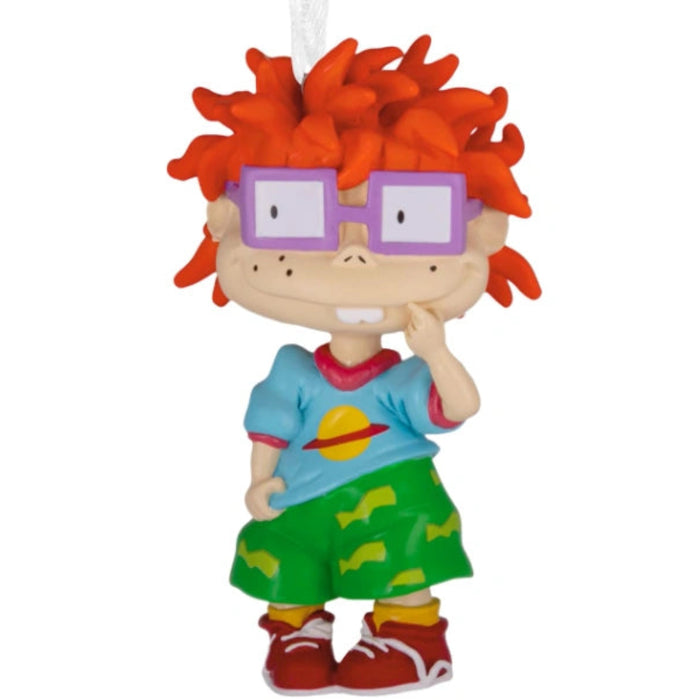 Hallmark Nickelodeon Rugrats Chuckie ornament featuring Chuckie Finster with his signature red hair, purple glasses, and colorful outfit, collectible Christmas tree decoration for fans of the classic animated series.