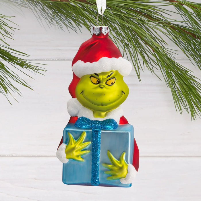 Hallmark Grinch with Present blown glass Christmas ornament