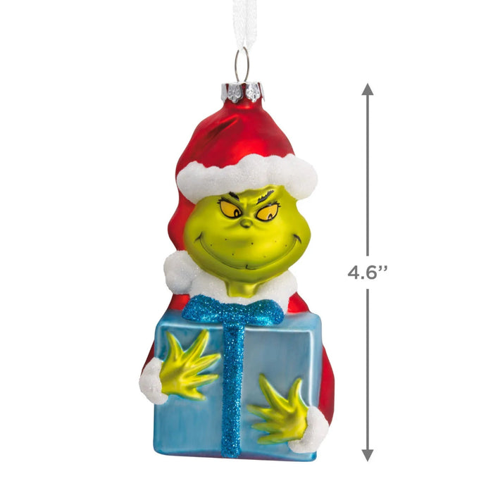 Hallmark Grinch with Present blown glass Christmas ornament