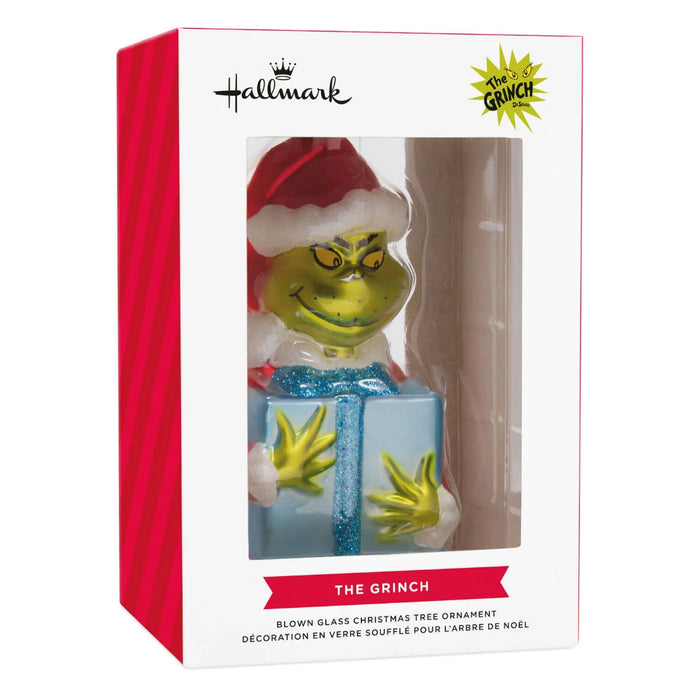 Hallmark Grinch with Present blown glass Christmas ornament