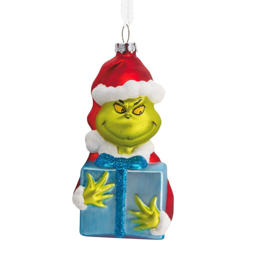 Hallmark Grinch with Present blown glass Christmas ornament