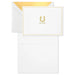 White card with gold text and envelope on a white background