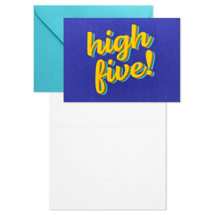 Blue card with 'high five!' text and a matching blue envelope on a white background