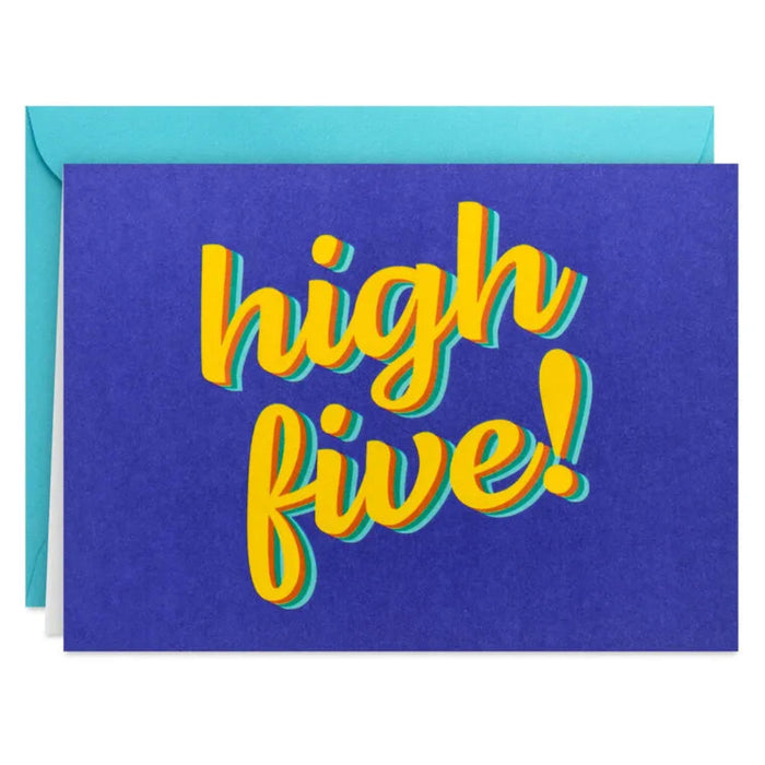 Blue card with 'high five!' text in colorful letters on a white background