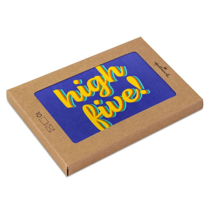 Kraft paper box with 'high five!' text on a blue background