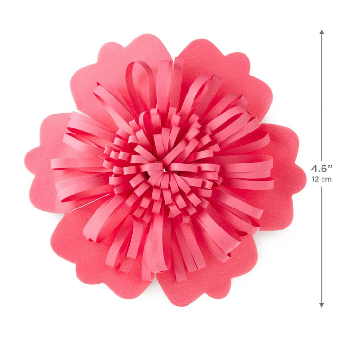 Coral pink floral gift bow with scalloped petals and adhesive backing for easy application; measures about 4.6 inches across