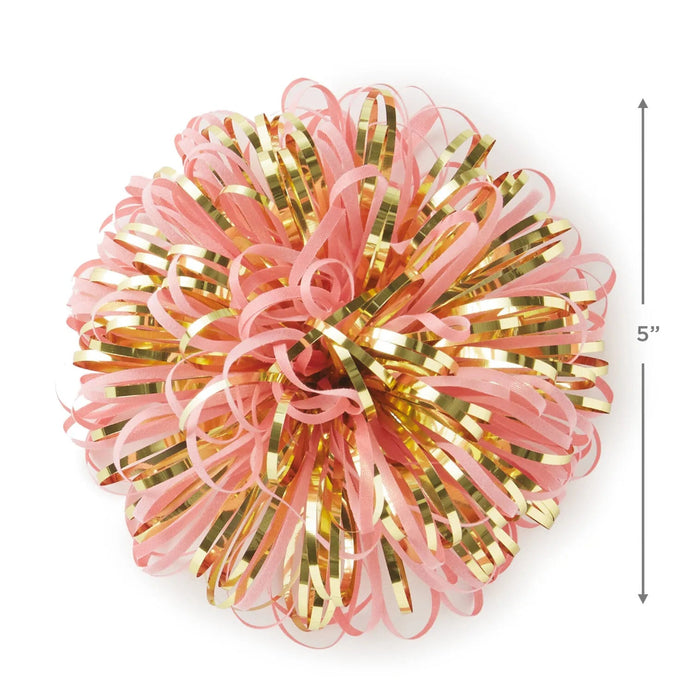 Pink and gold firework-style pom pom gift bow with adhesive backing