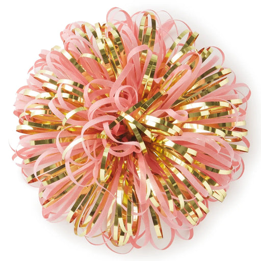 Pink and gold firework-style pom pom gift bow with adhesive backing