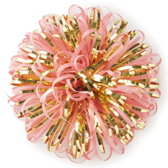 Pink and gold firework-style pom pom gift bow with adhesive backing