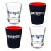 Set of shot glasses with 'Patriots' branding on a white background