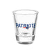 Clear shot glass with 'Patriots' text and logo on a white background