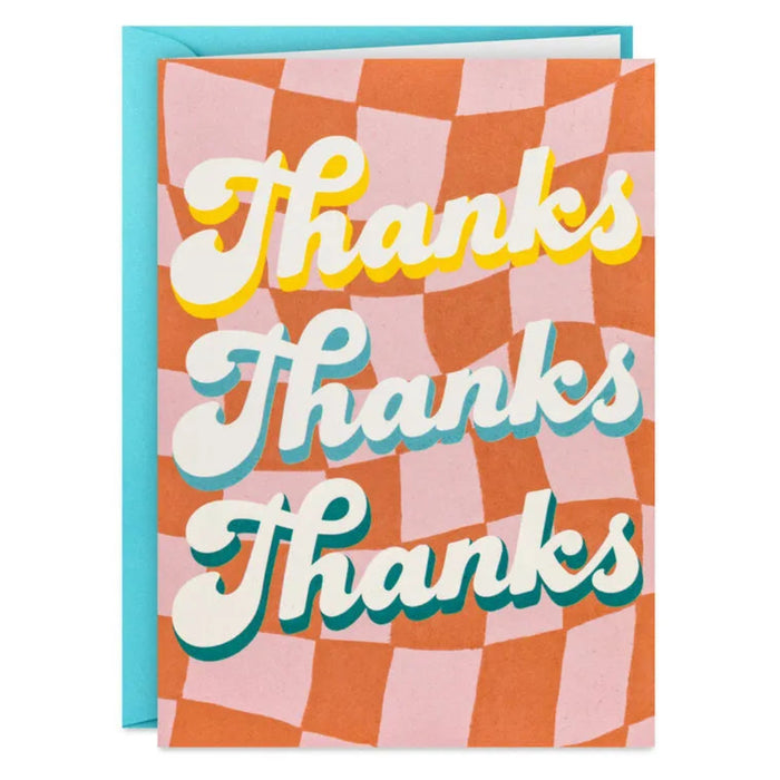 Checkered card with 'Thanks' text in multiple colors on a white background