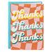Checkered card with 'Thanks' text in multiple colors on a white background