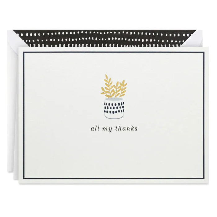 Greeting card with plant illustration and 'all my thanks' text on a white background