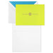 Lime green card with 'all smiles all grateful' text and smiley face, on a white card with blue and white striped envelope.