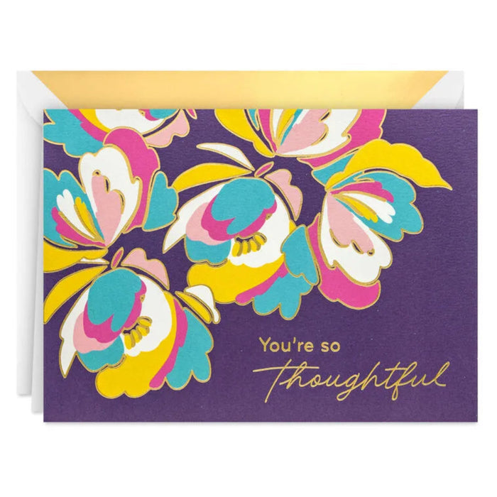 Greeting card with colorful floral design and 'You're so thoughtful' text on a purple background