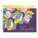 Greeting card with colorful floral design and 'You're so thoughtful' text on a purple background