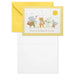 Greeting card with cartoon animals and a yellow envelope on a white background
