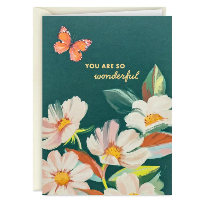 Greeting card with floral design and butterfly, featuring text 'You are so wonderful', on a white background.