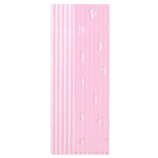 Four‑sheet tissue paper pack with two pink‑and‑white striped sheets and two solid pink sheets with cutout heart designs