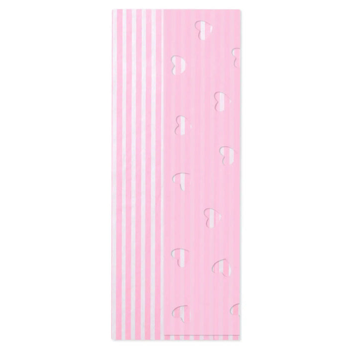 Four‑sheet tissue paper pack with two pink‑and‑white striped sheets and two solid pink sheets with cutout heart designs