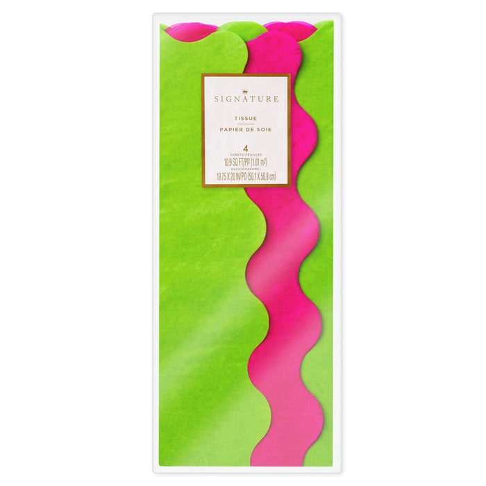 Fuchsia and green wavy‑edge tissue paper in Hallmark packaging 
