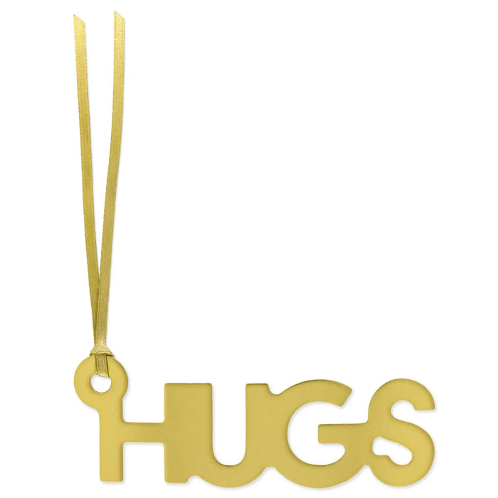 Gold foil “Hugs” hanging gift trim with die‑cut lettering and gold ribbon hanger