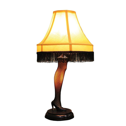 Classic 20-inch Leg Lamp from A Christmas Story featuring yellow shade and sculpted leg on a white background. 