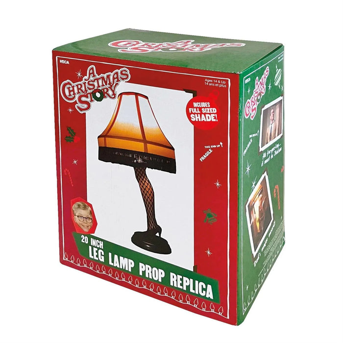 Box for a Christmas Story leg lamp 20" prop replica with green and red design.