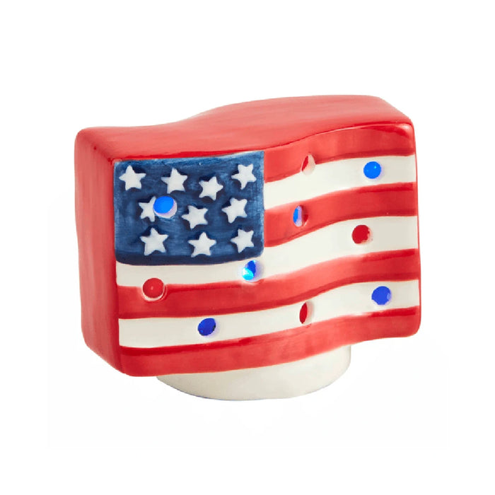 Ceramic lamp featuring a patriotic flag design, showcasing red, white, and blue colors in a decorative style.