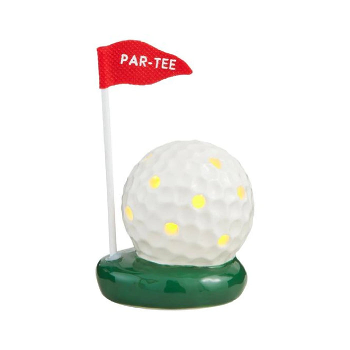 A golf ball topped with a small flag, symbolizing a hole on a golf course.