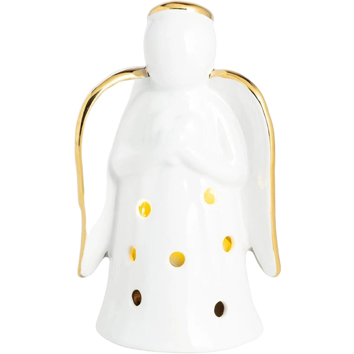 White angel figurine with gold wings and accents on a white background