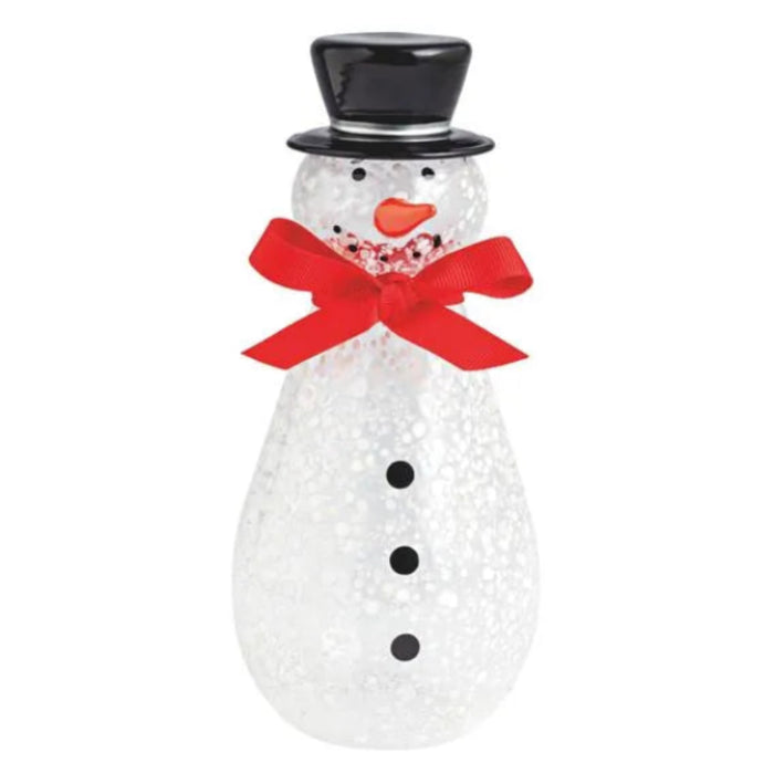 Mud Pie large textured glass snowman sitter with a black top hat, red bow, orange carrot nose, and three black buttons.