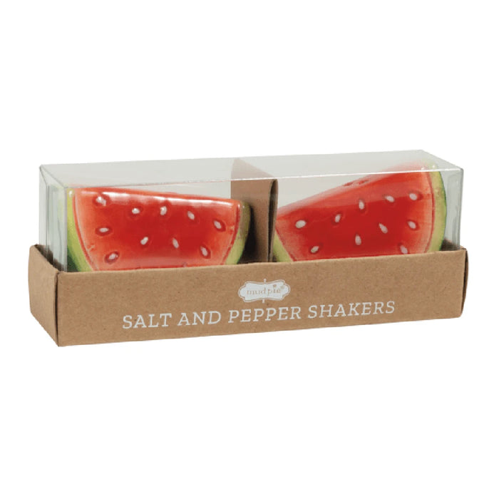 Watermelon-shaped salt and pepper shakers with vibrant green and red colors, adding a playful touch to dining tables.