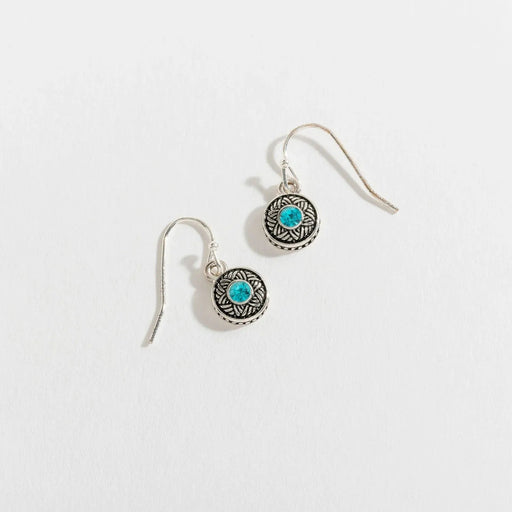 Silver aqua stone drop earrings by Howards Inc featuring a hypoallergenic Ear Sense post, elegant silver-tone setting, and vibrant aqua gemstone accents for sensitive and pierced ears.