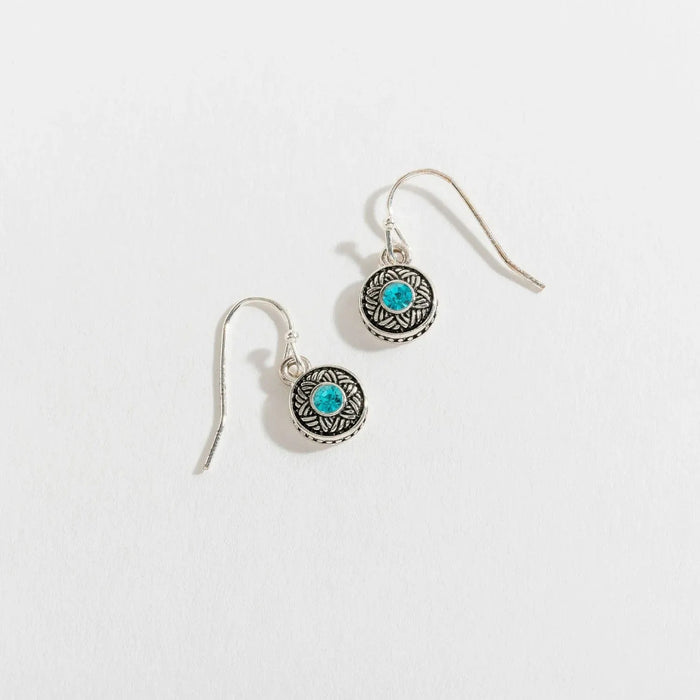 Silver aqua stone drop earrings by Howards Inc featuring a hypoallergenic Ear Sense post, elegant silver-tone setting, and vibrant aqua gemstone accents for sensitive and pierced ears.