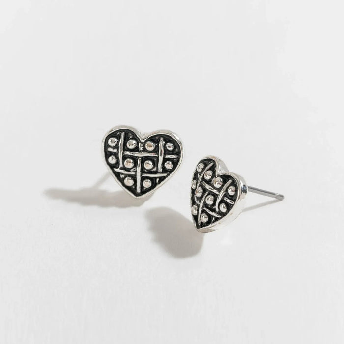 Howards Inc Antique Heart Ear Sense Earrings featuring an antique-inspired silver heart design with hypoallergenic Ear Sense posts, comfortable wear for sensitive and pierced ears, and elegant gift-ready packaging.