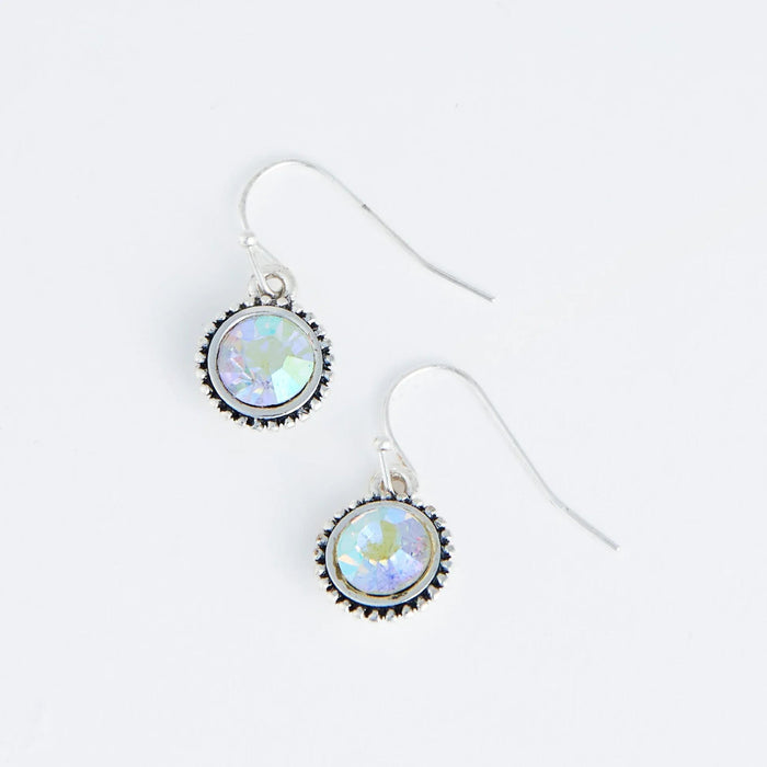 Silver Antique Aurora Borealis Crystal Drop Earrings. Featuring beautiful, shimmery crystals framed by stunning antique silver, these cuties are sure to bring a pop to any look.