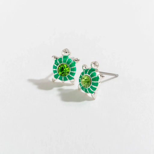 Howards Inc Silver Green Turtle Ear Sense Earring featuring a silver and green turtle design, secure click closure, and hypoallergenic post for sensitive ears.